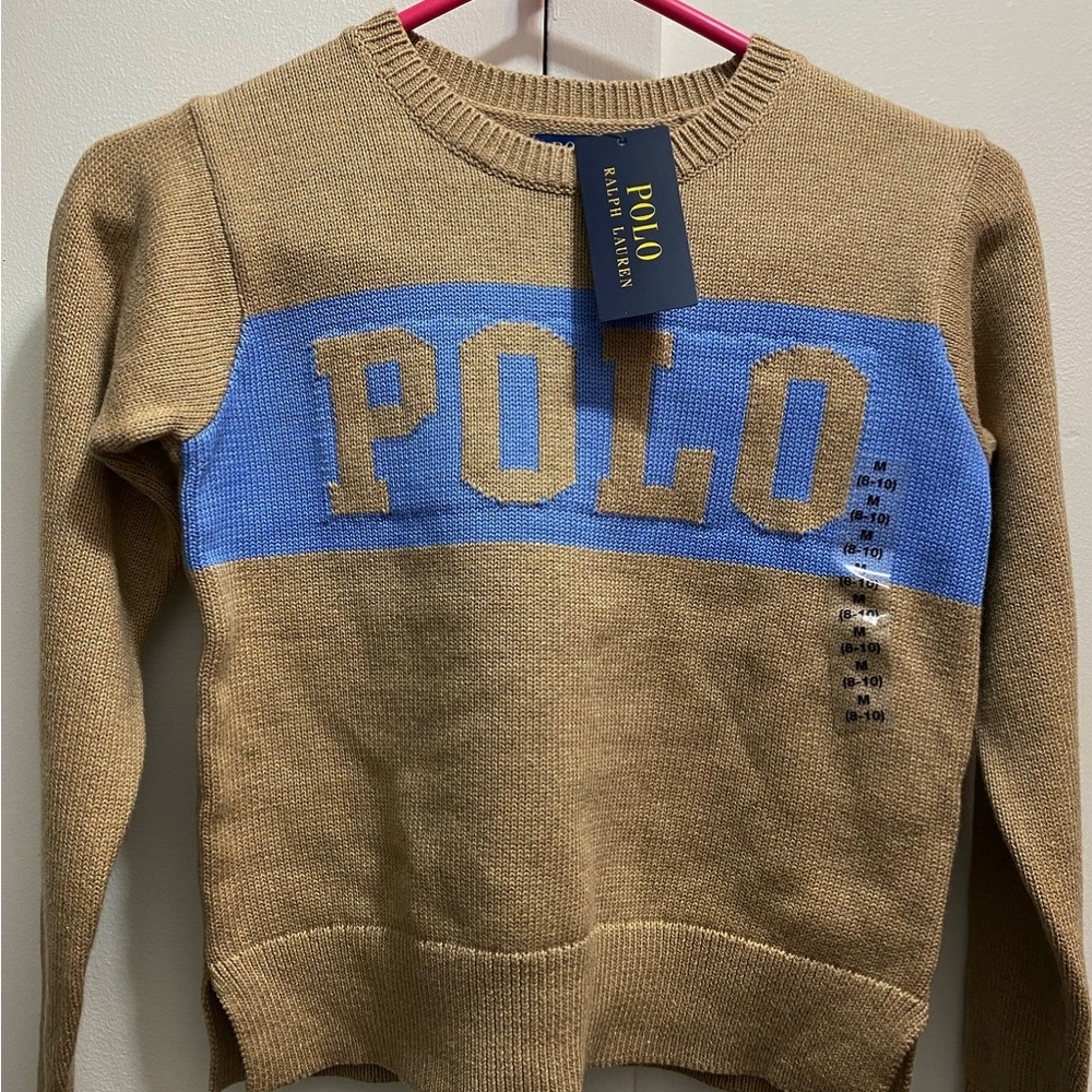 NWT… Ralph Lauren Girls Tan with Blue stripe Polo Sweater Size 8/10 🥳💙